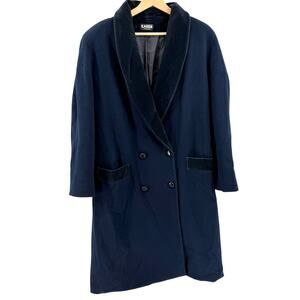 Vintage 80s Karen Navy Blue 100% Wool Velvet Double Breasted Overcoat Jacket
